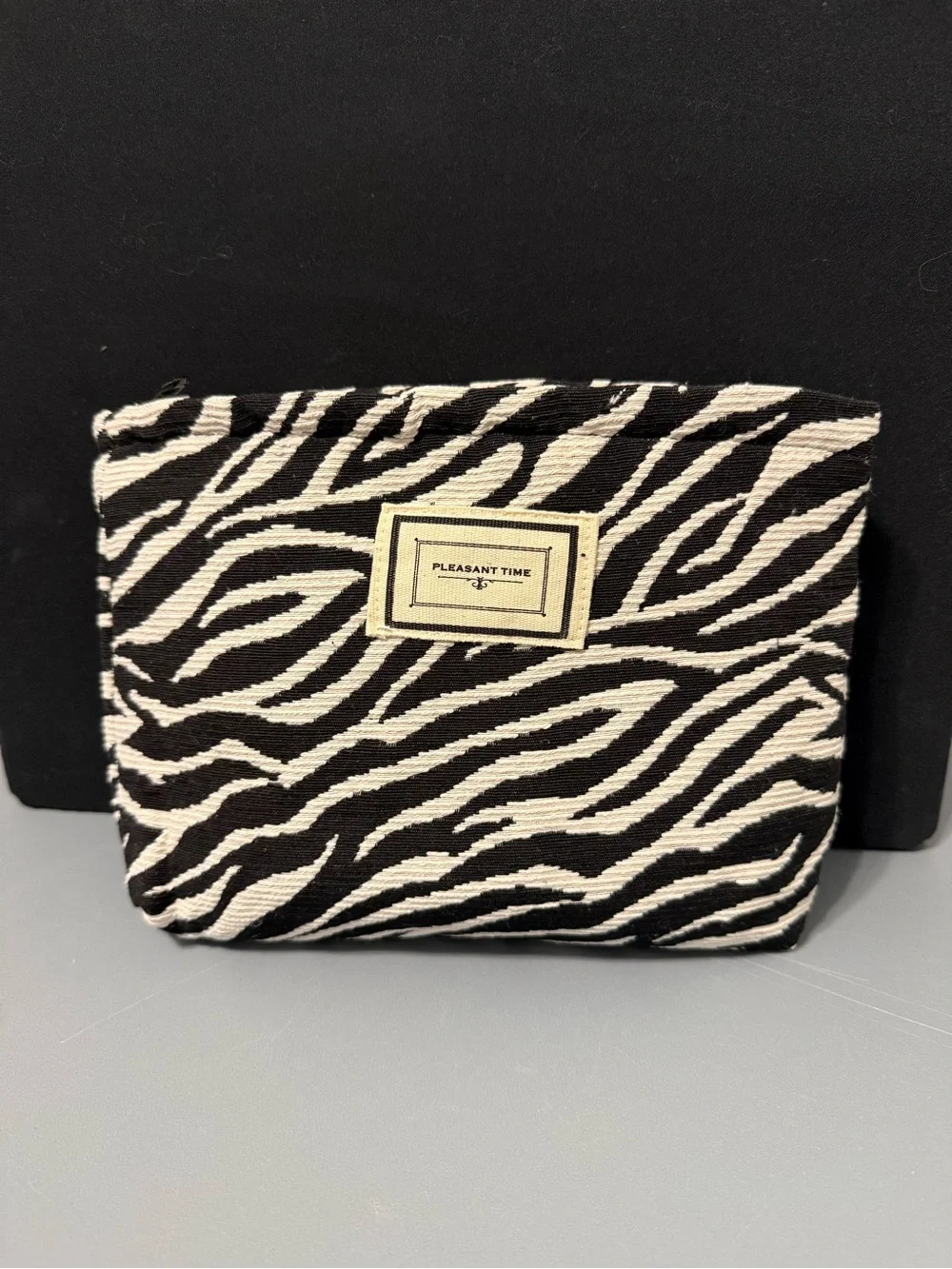 Zebra Print Pouch with 'Pleasant Time' Patch